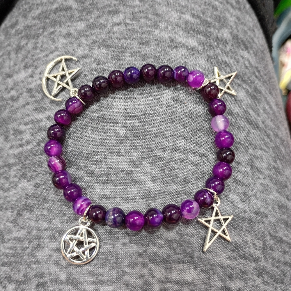 Hand Crafted Purple Agate With Witch Charms Stretched Bracelet